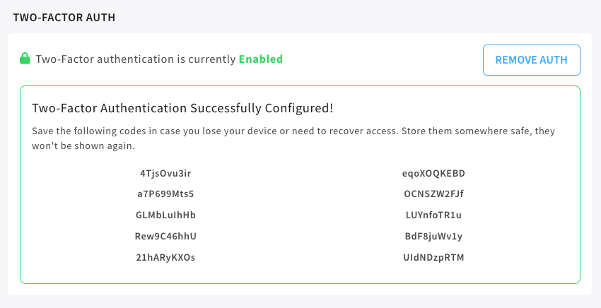 2fa setup codes