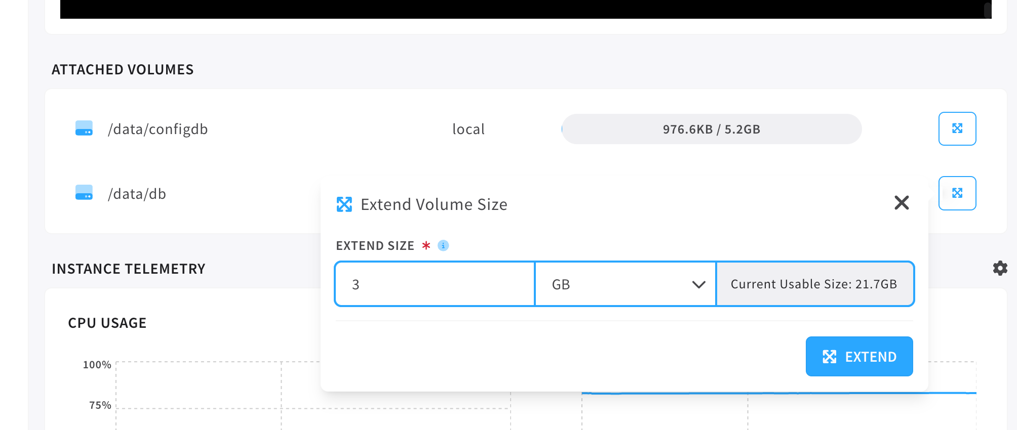 extend volume size mini-modal