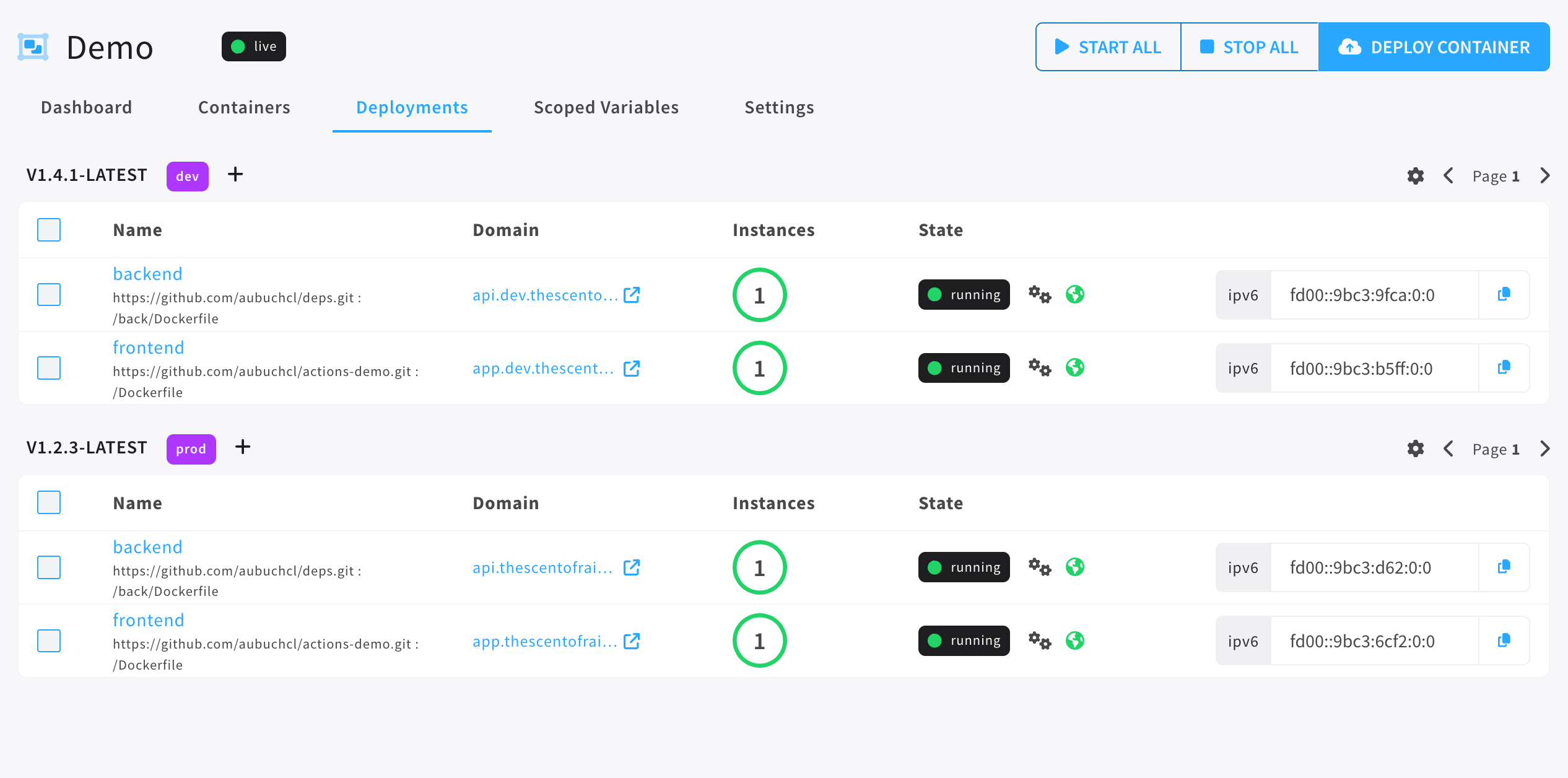 deployments dashboard