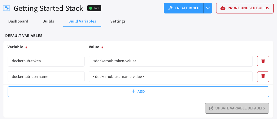 build variables form