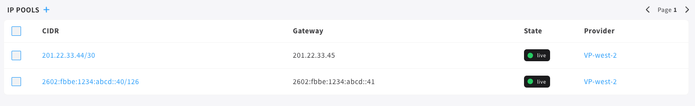 IP Pools view in portal